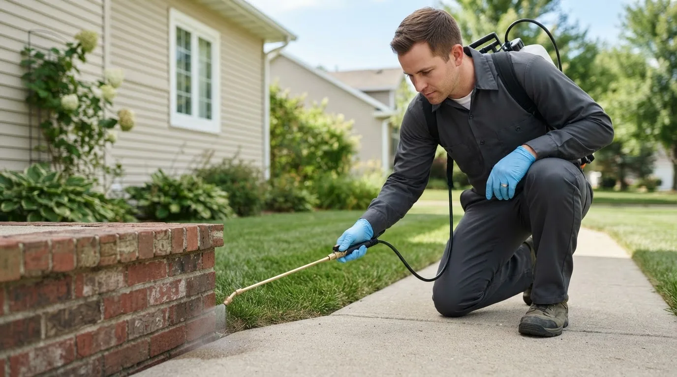 Pest control technician treating a home near Bixby, OK